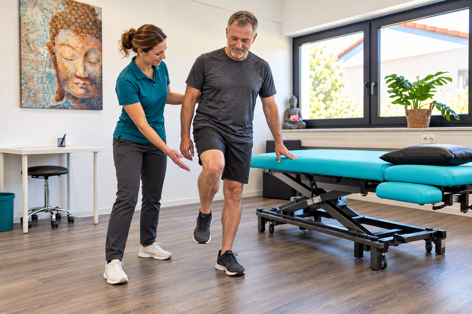 Physiotherapeutin begleitet einen Patienten bei einer Übung zur Kniestabilisierung